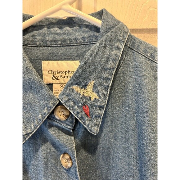 Christopher & Banks‎ Denim Button Down Top XL Snowman Winter Holiday Party - Picture 4 of 8